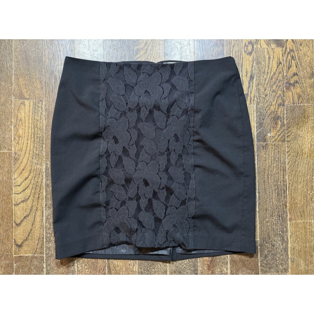Ann Taylor LOFT Black Skirt Size 14 Lace Panel On Front Zip Up Lined Stretch‎